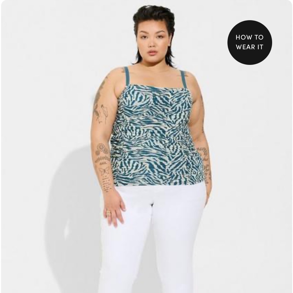 Torrid Teal & White Zebra Print Stretch Mesh Cropped Shirred Cami NWT